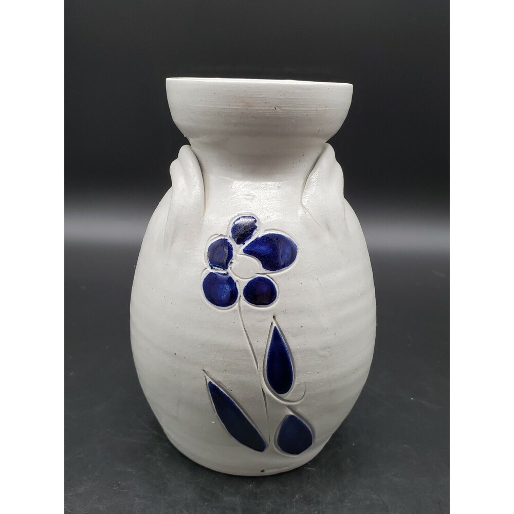 Vintage Williamsburg Pottery of Virginia Vase with Single Blue Flower